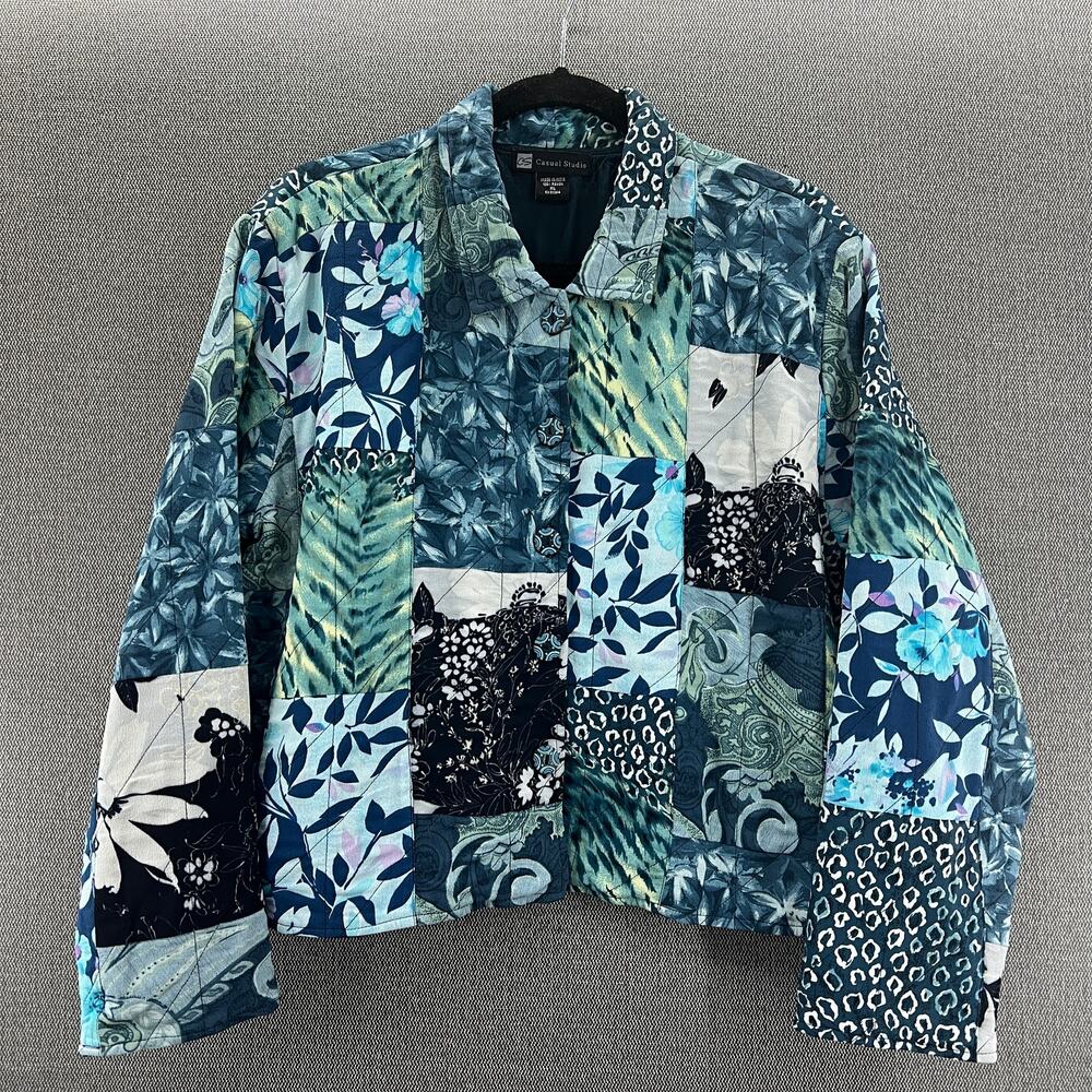 VTG Casual Studio Rayon Quilted Patchwork Boho Jacket Floral Blue Periwinkle XL